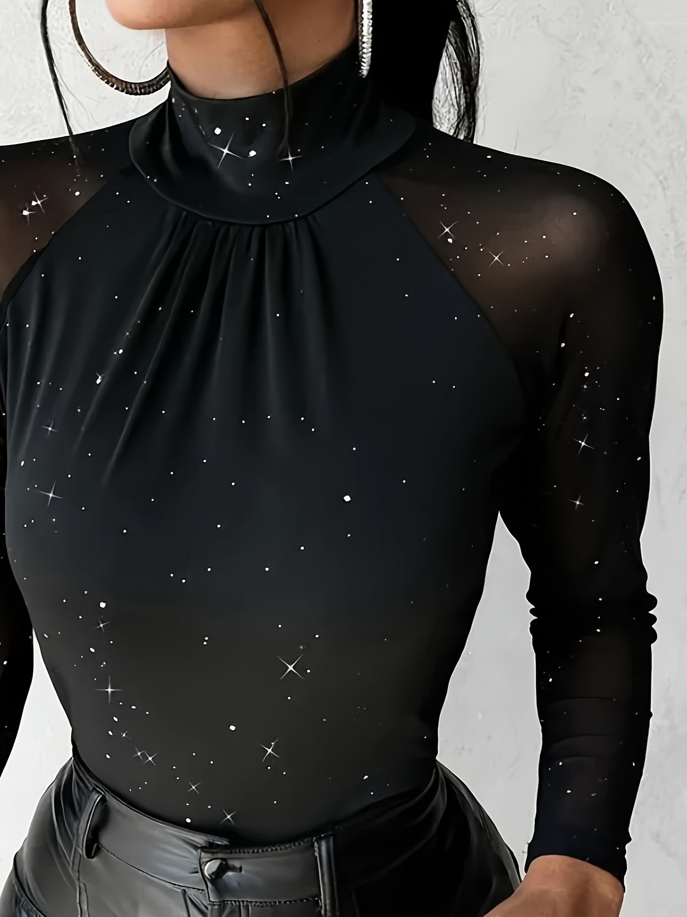 Elegant Starry Sky Sequin Embellished High Neck Sheer Mesh,Skinny Fit Long Sleeve Knit Polyester Top - All Season Elegant Collection