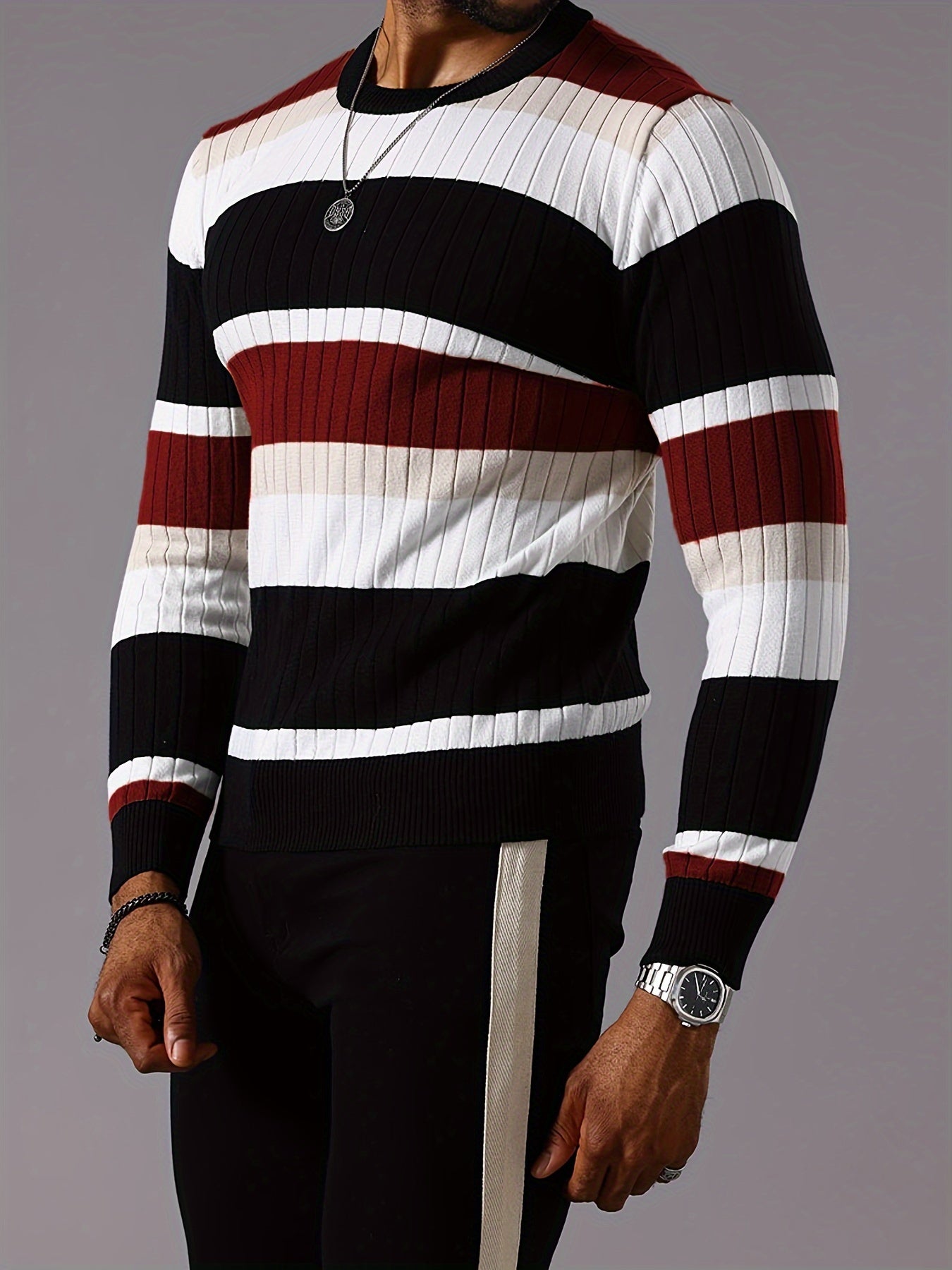 Men's Casual Striped Color Block Long Sleeve Knit Pullover - Round Neck, Machine Washable, Striped, Round Neck, Long Sleeve, Knit Sweater