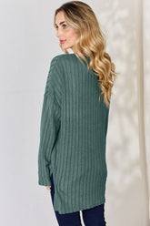 Basic Bae Full Size Ribbed Half Button Long Sleeve High-Low T-Shirt - MyEmpired