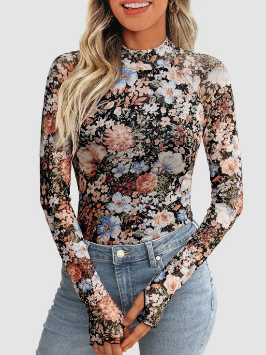 Floral Mock Neck Long Sleeve T-Shirt - MyEmpired