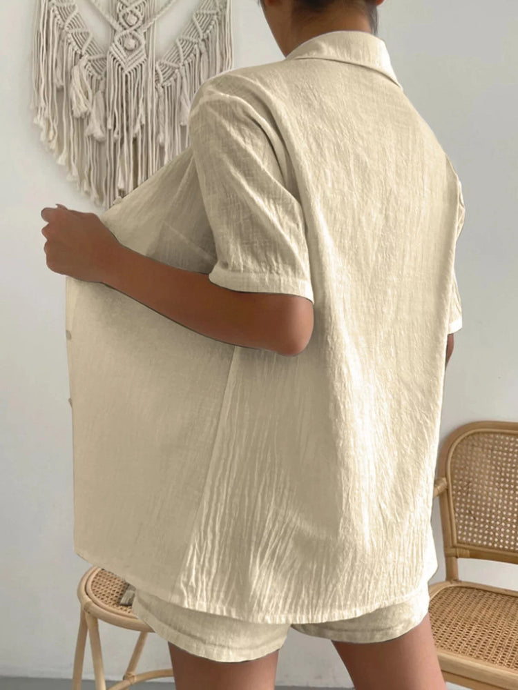 Button Up Short Sleeve Shirt and Drawstring Shorts Set - MyEmpired