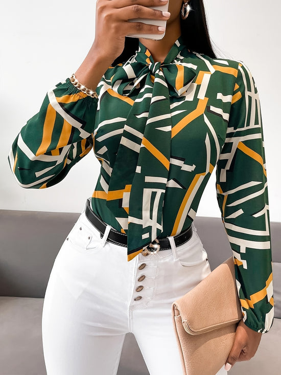 Geo Print Tie Neck Blouse - MyEmpired