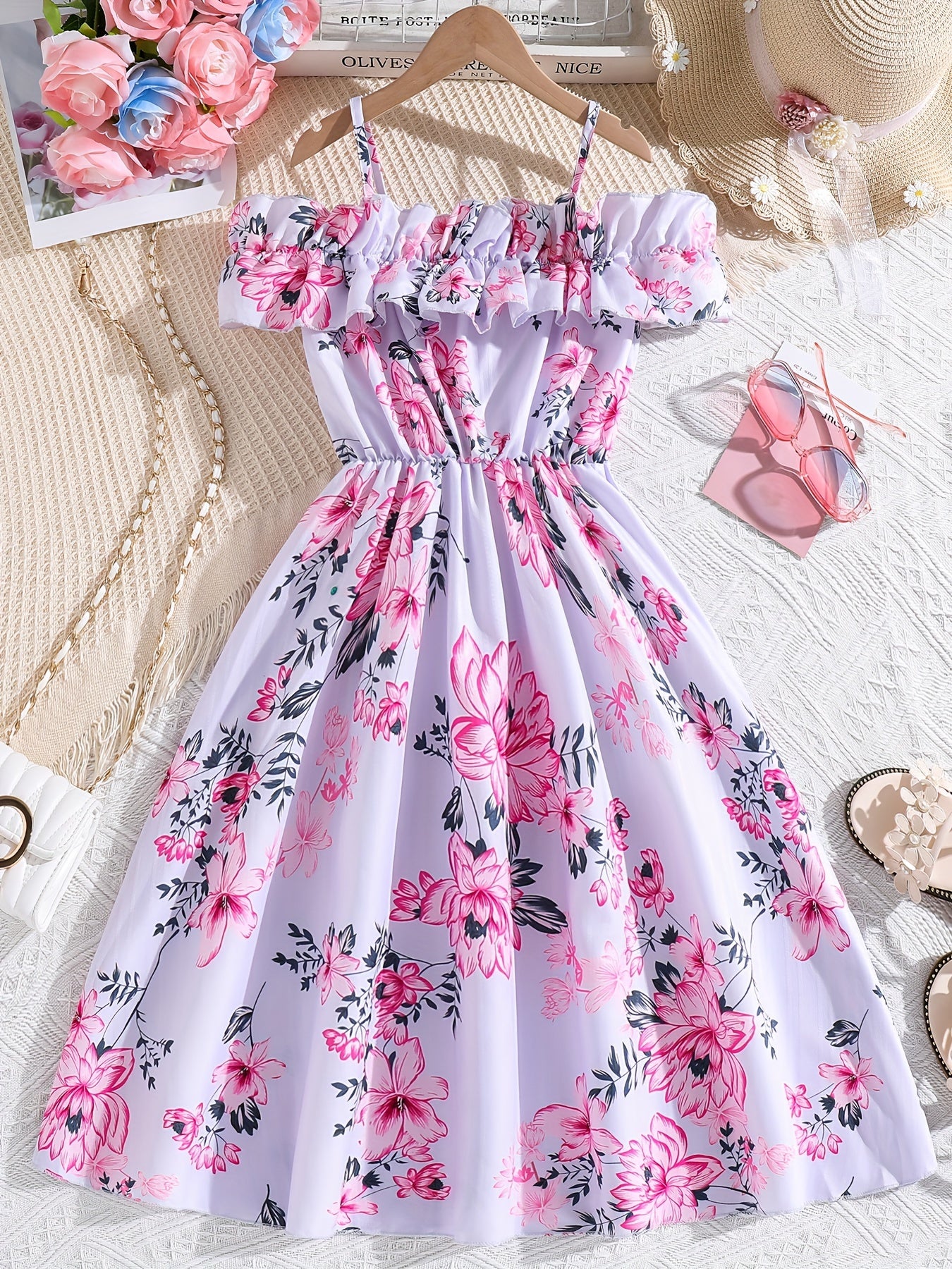 Sweet Girls Flora Print 2pcs Set Ruffle Trim Cami Top + Skirt With Belt Set For Spring Summer Party