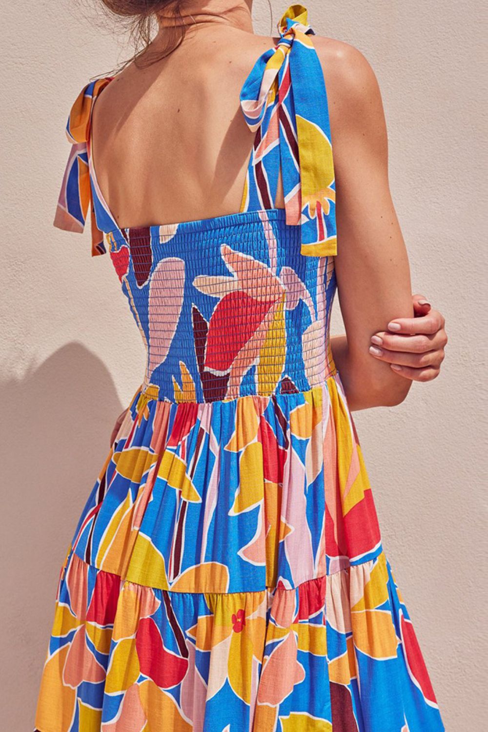 Floral Tie Shoulder Smocked Tiered Dress - MyEmpired