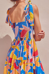 Floral Tie Shoulder Smocked Tiered Dress - MyEmpired