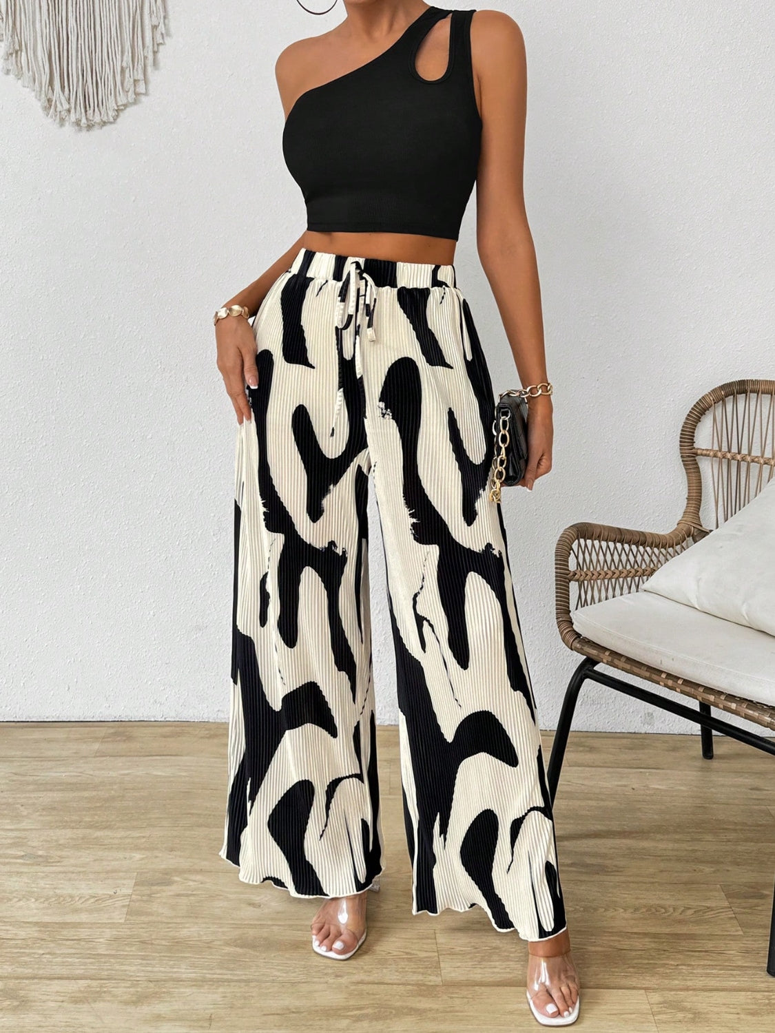 Cutout One Shoulder Top and Printed Pants Set - MyEmpired