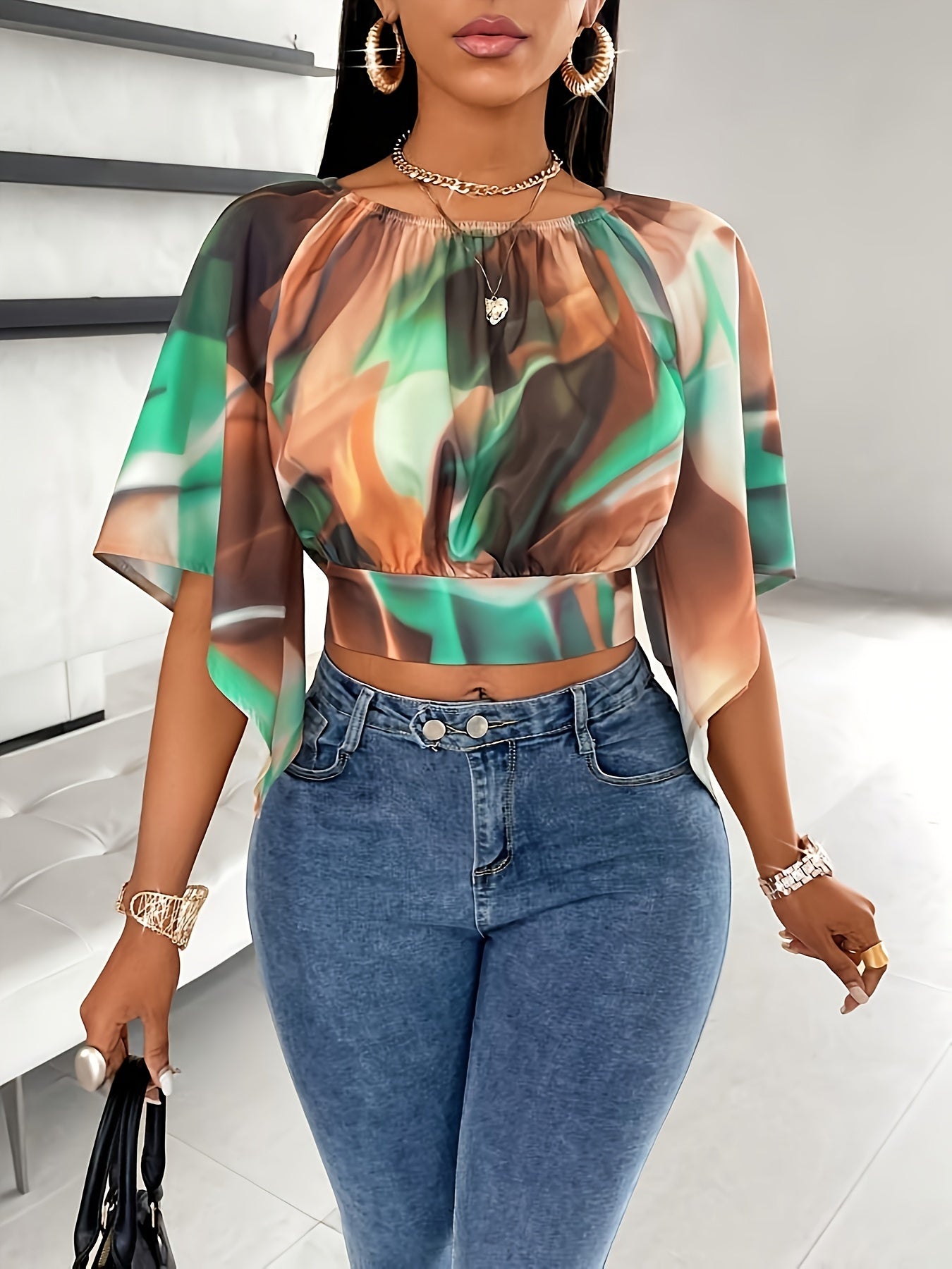 Abstract Print Off-shoulder Blouse