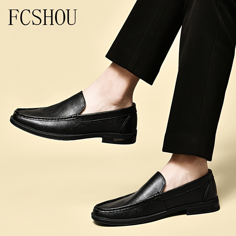 FCSHOU Plus Size Men's Solid Color Slip On Upper Loafer Shoes, Comfy Non Slip Rubber Sole Durable Shoes, Men's Footwear