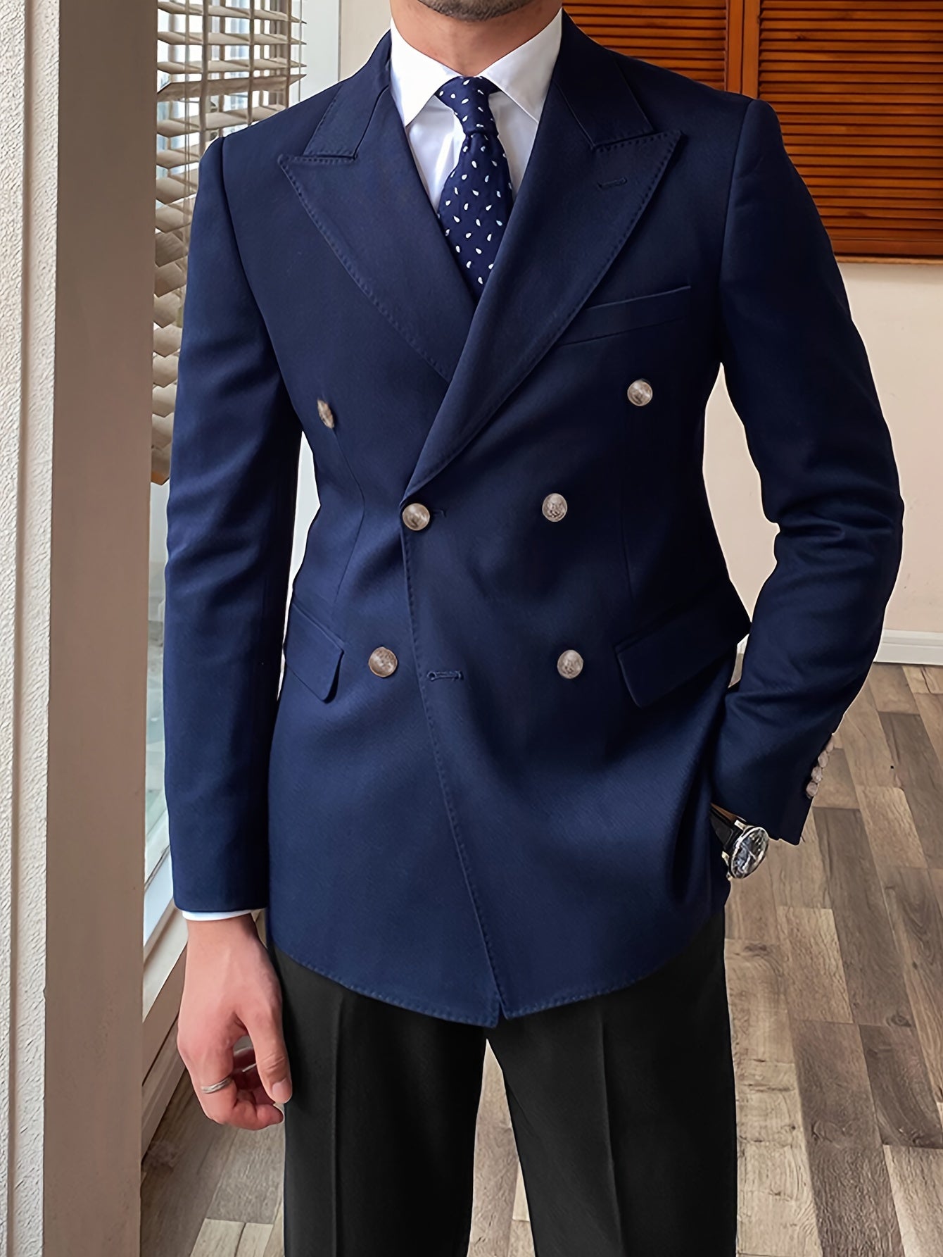 Men's Elegant Double-Breasted Blazer - British Preppy Style, Polyester & Viscose, Hand Washable - Perfect for Business or Casual Wear