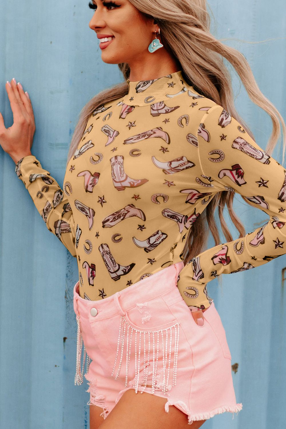 Printed Mock Neck Long Sleeve Bodysuit - MyEmpired