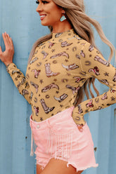 Printed Mock Neck Long Sleeve Bodysuit - MyEmpired