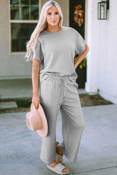 Double Take Full Size Texture Short Sleeve Top and Pants Set - MyEmpired
