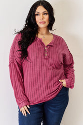 Basic Bae Full Size Ribbed Half Button Long Sleeve High-Low T-Shirt - MyEmpired