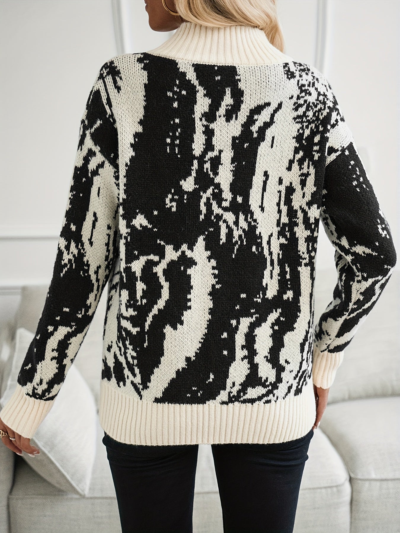 Zebra Striped Mock Neck Sweater, Elegant Long Sleeve Sweater For Fall & Winter, Women's Clothing