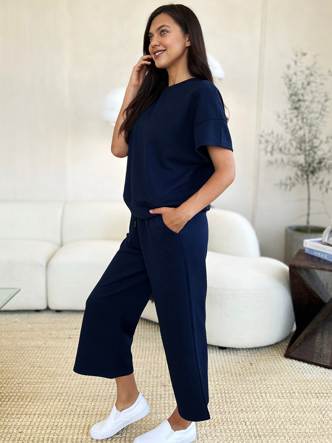 Double Take Full Size Texture Short Sleeve Top and Pants Set - MyEmpired