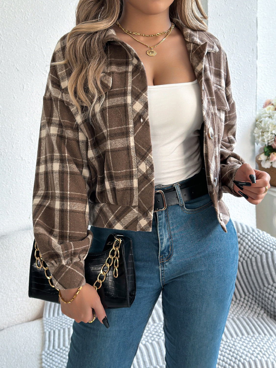 Plaid Button Up Long Sleeve Jacket - MyEmpired