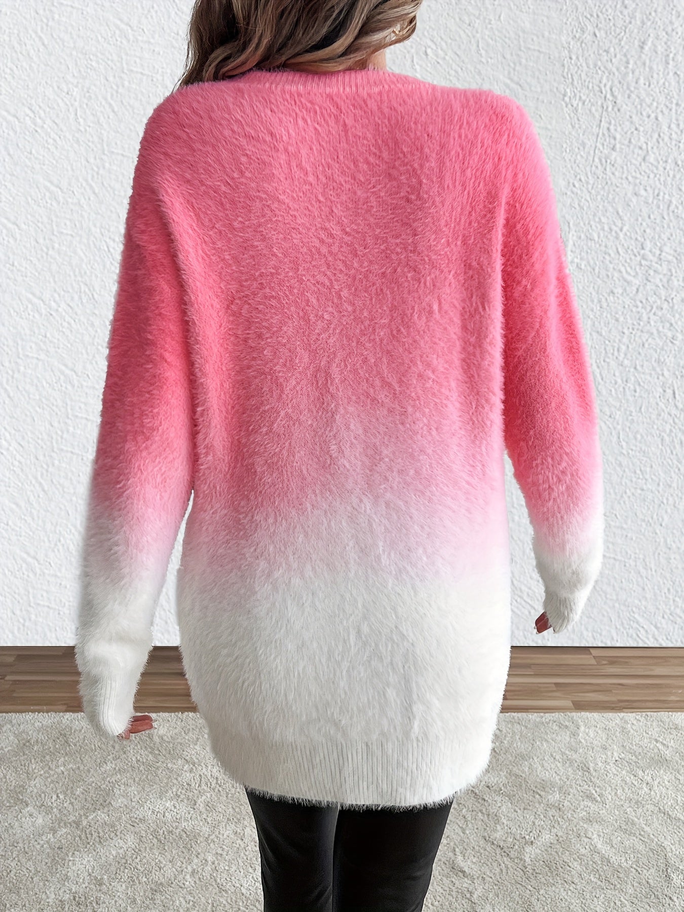 Gradient Color Crew Neck Fuzzy Sweater, Elegant Long Sleeve Sweater For Fall & Winter, Women's Clothing