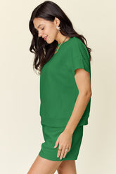 Double Take Full Size Texture Short Sleeve T-Shirt and Drawstring Shorts Set - MyEmpired