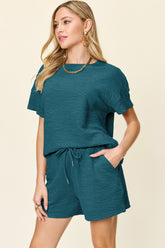 Double Take Full Size Texture Short Sleeve T-Shirt and Drawstring Shorts Set - MyEmpired