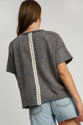 Umgee Full Size Mineral Wash T-Shirt with Lace Applique Plus Size - MyEmpired