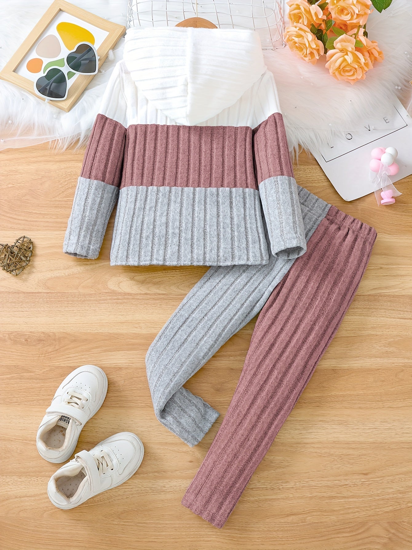 Girls' 2-Piece Set, Spring/Autumn Knitted Hoodie and Solid Color Ribbed Pants, Casual Color Block Long Sleeve Pullover with Stretch Fabric, Regular Fit, Polyester & Spandex Blend, For Outdoor