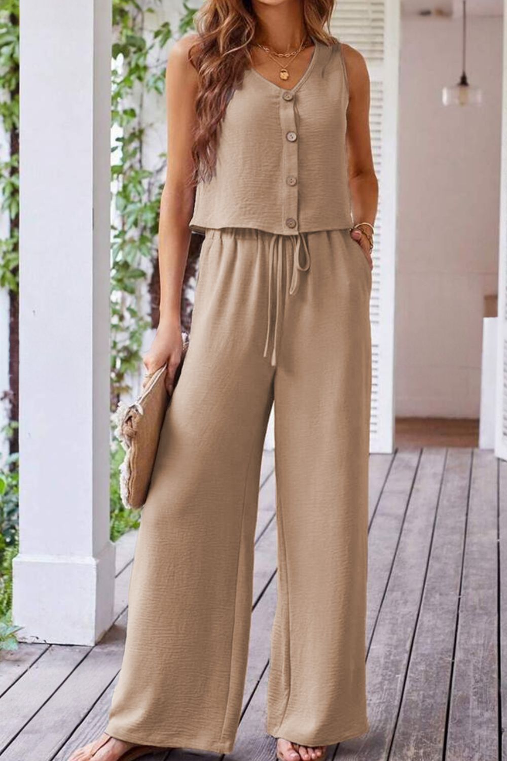 Button Down Vest and Drawstring Wide Leg Pants Set - MyEmpired