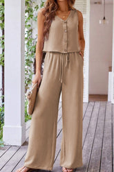 Button Down Vest and Drawstring Wide Leg Pants Set - MyEmpired