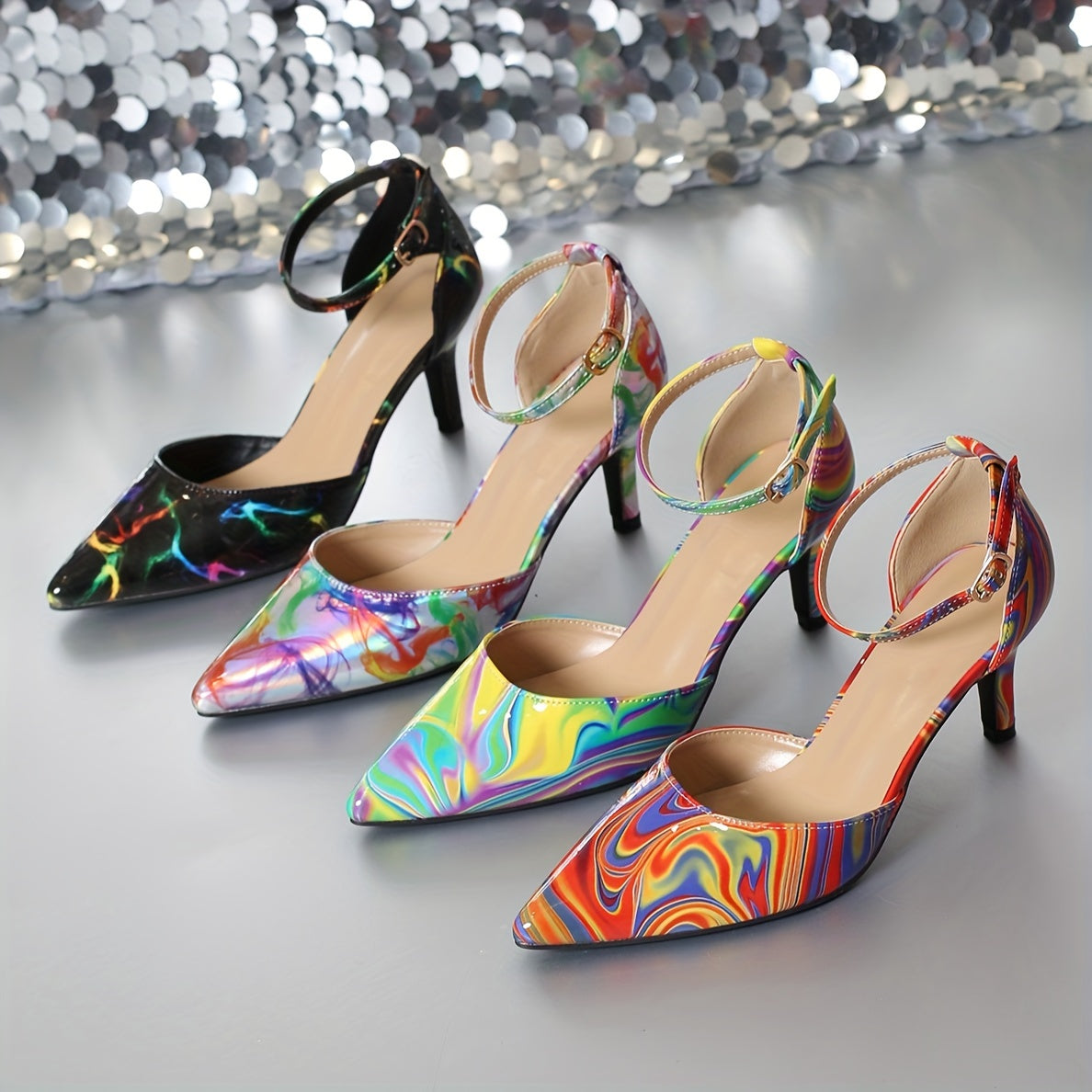 Women's Colorful Stiletto Heels, Elegant Point Toe Dress Pumps, Fashion Buckle Strap Heels