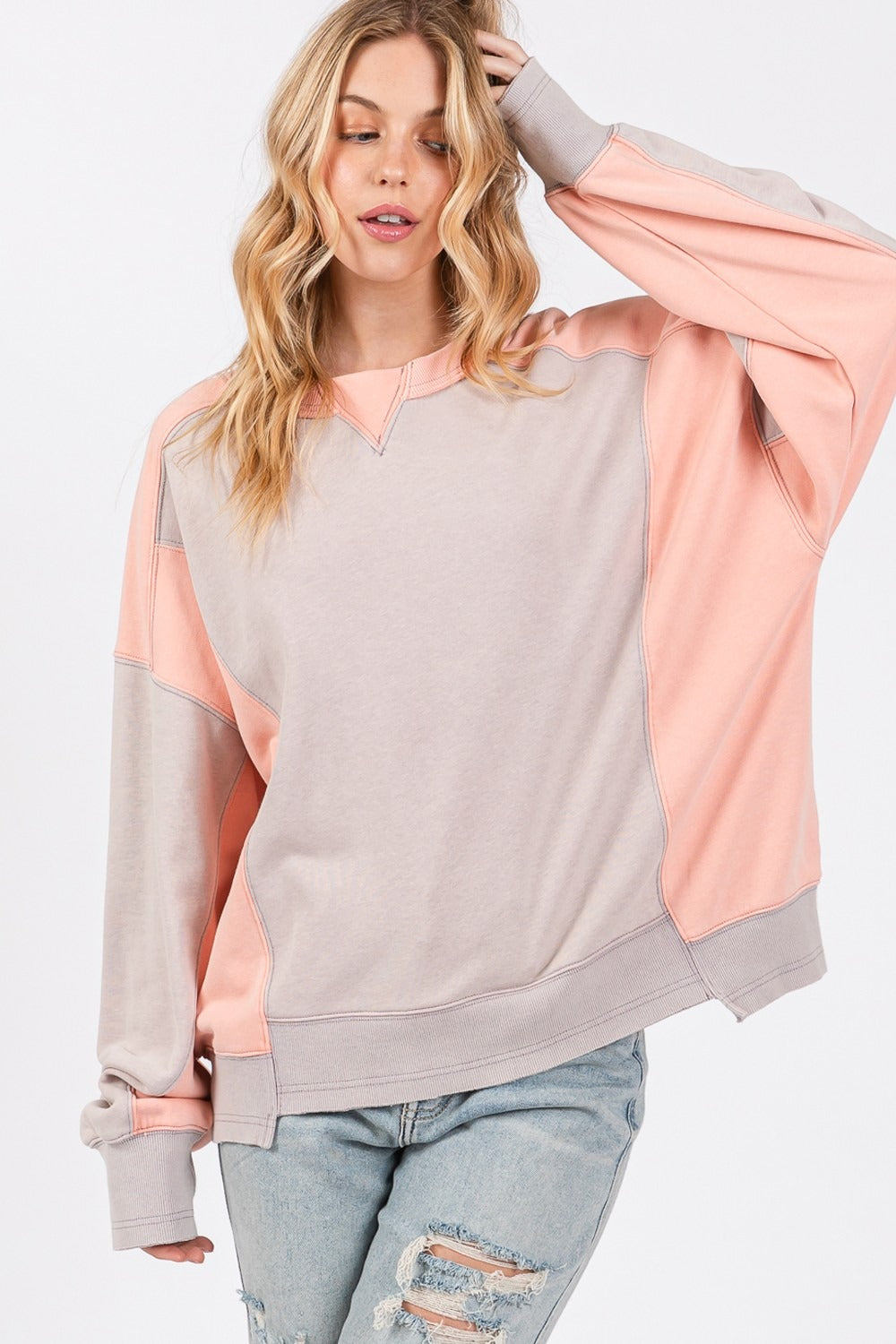 SAGE + FIG Color Block Round Neck Sweatshirt - MyEmpired