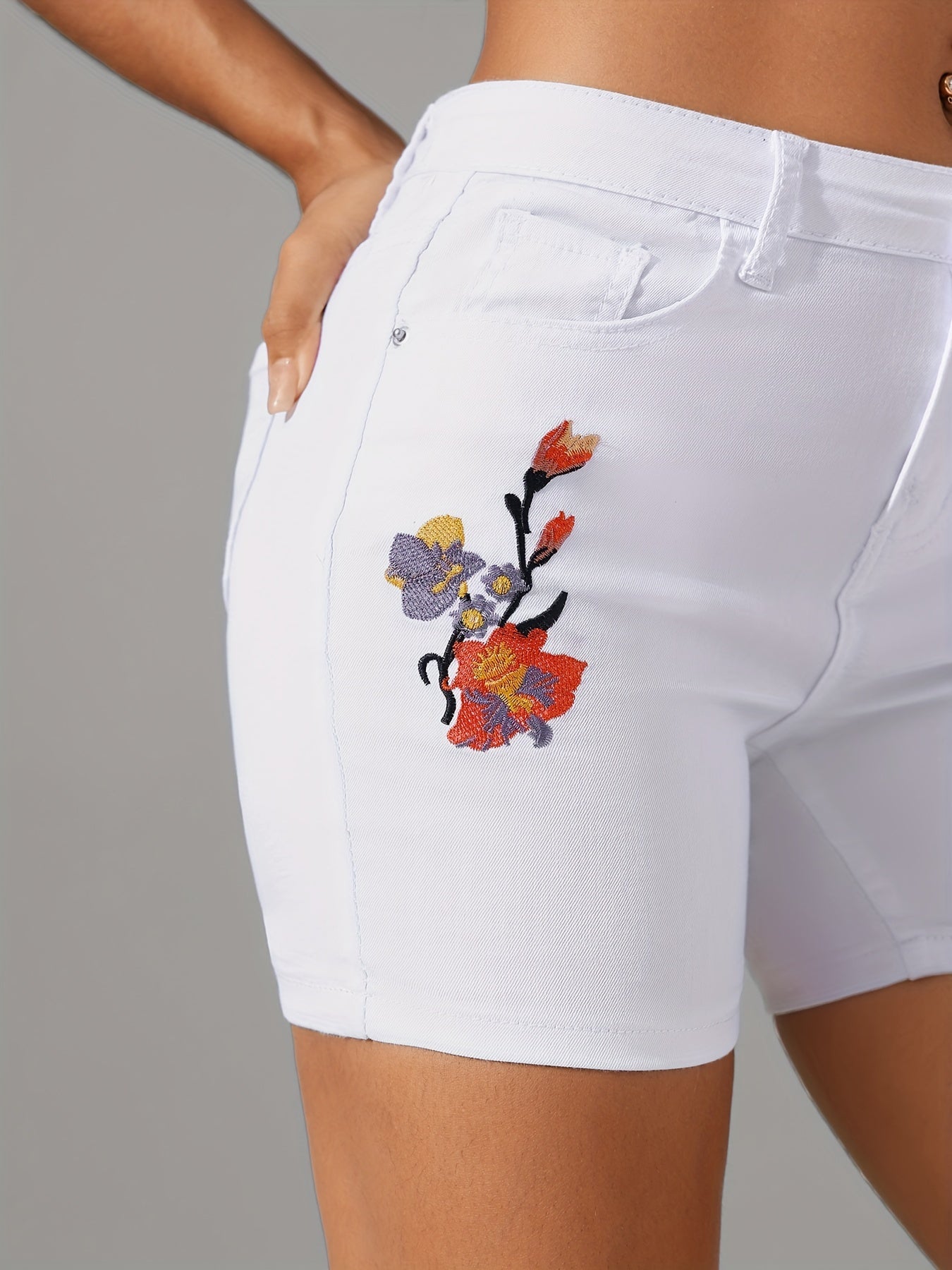 Women's Casual Mid-Rise Elastic Waist Denim Shorts, White with Floral Embroidery, Stretchy Slim Fit Jean Shorts