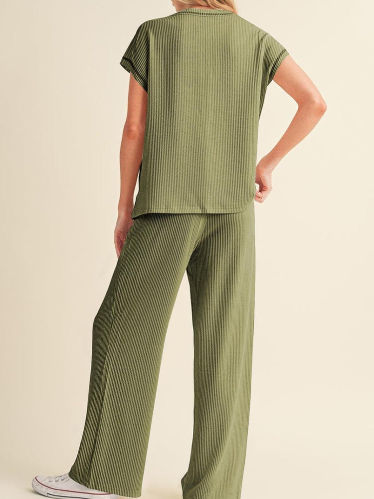Ribbed Exposed Seam Top and Pants Set - MyEmpired
