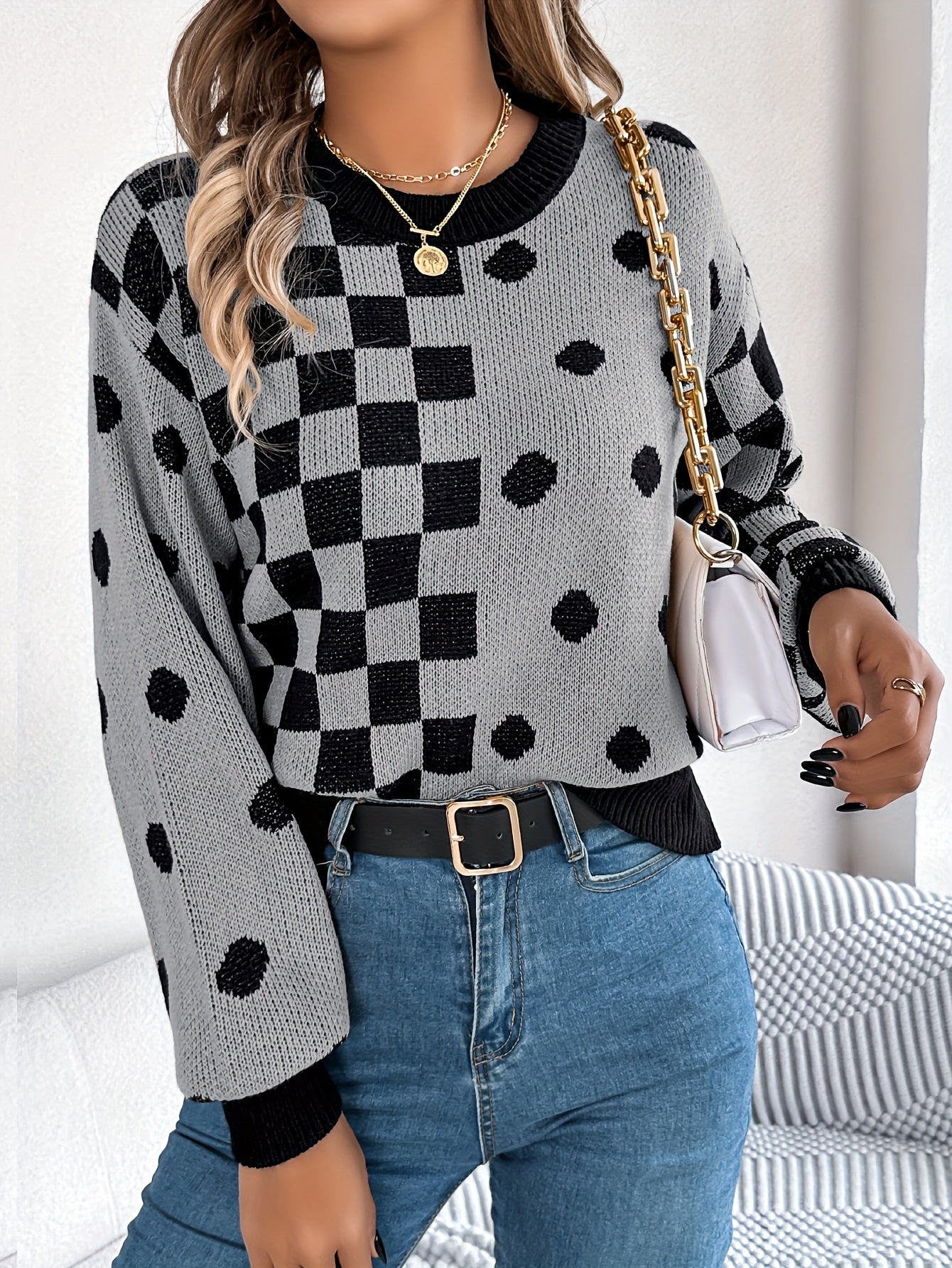 Plaid & Dot Pattern Crew Neck Sweater, Versatile Contrast Trim Lantern Sleeve Sweater For Fall & Winter, Women's Clothing