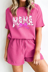 Waffle Sequin Floral MAMA Bow Graphic Top and Shorts Set - MyEmpired