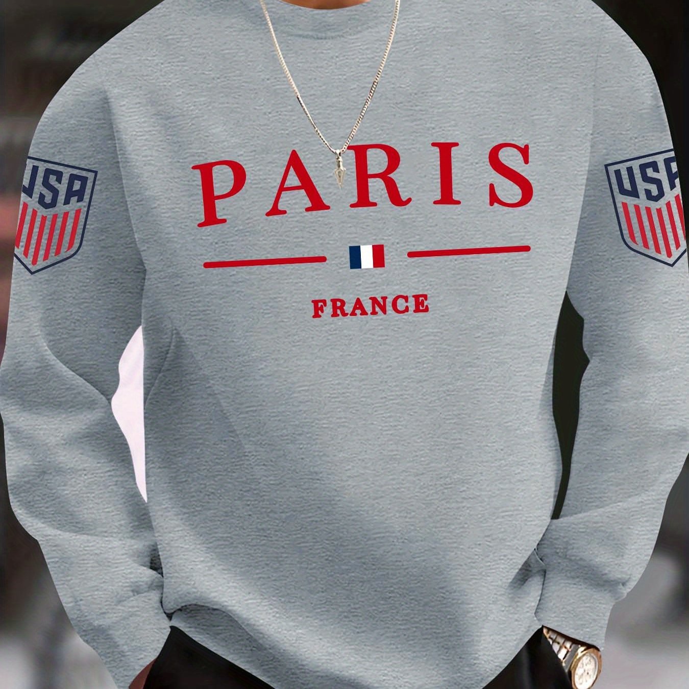 Paris Print Trendy Sweatshirt, Men's Casual Graphic Design Crew Neck Pullover Sweatshirt for Men Fall Winter