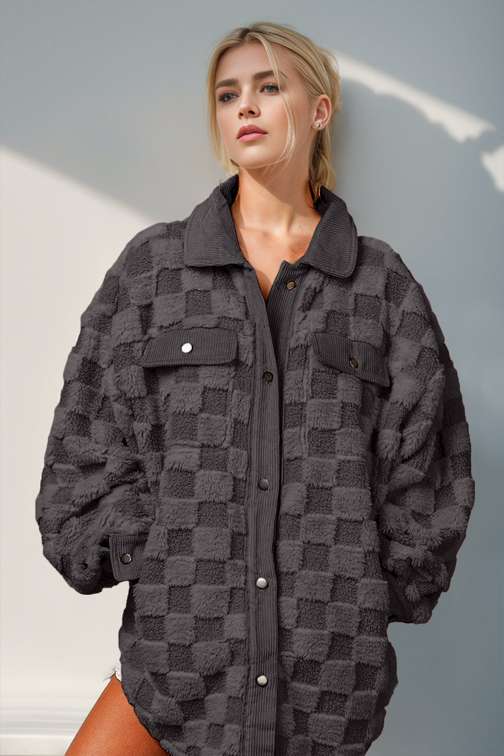 Double Take Button Up Fuzzy Checkered Shacket - MyEmpired