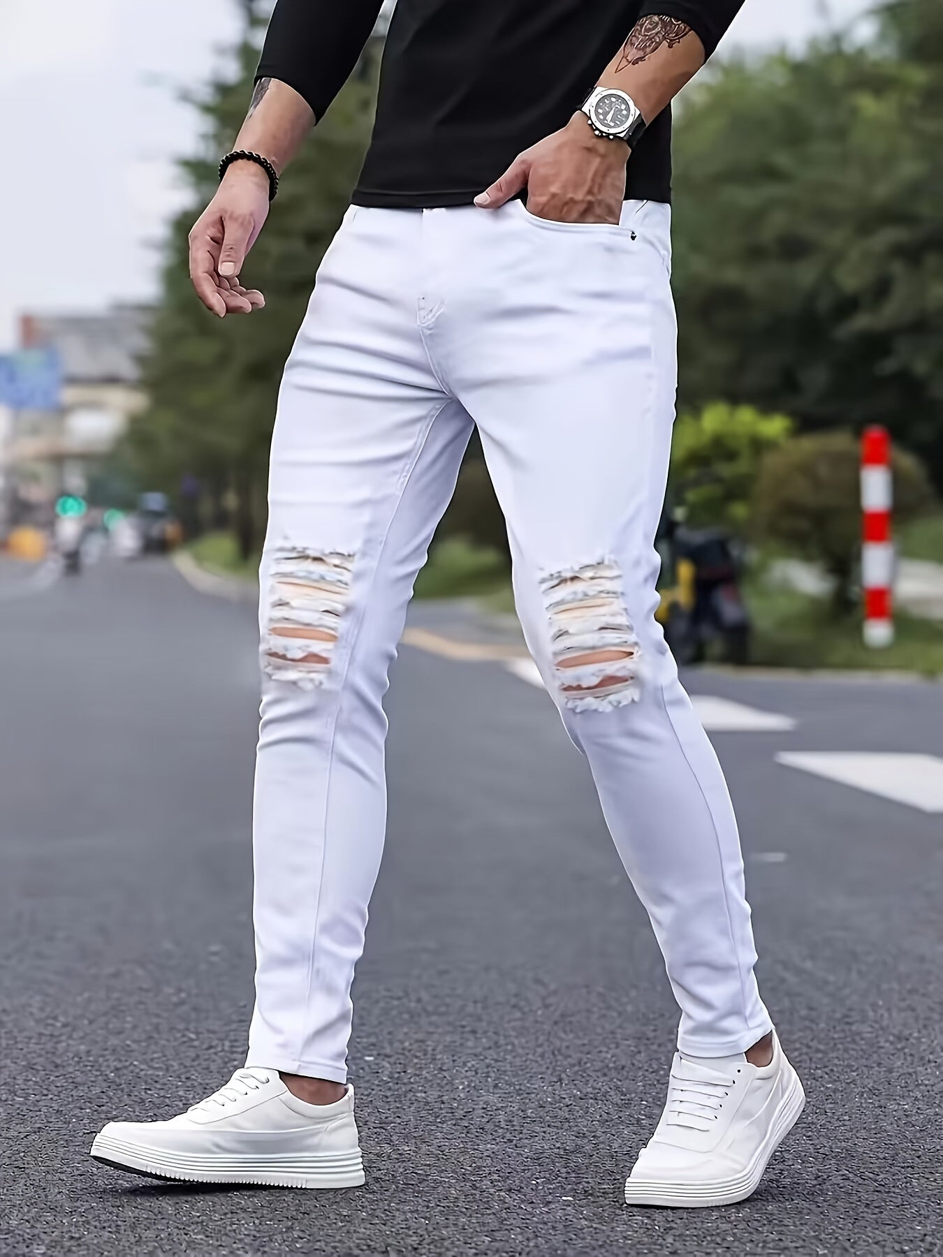 Men's Solid Ripped Denim Pants, Stylish Casual Jeans For Males