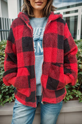 Double Take Full Size Plaid Long Sleeve Hooded Coat - MyEmpired