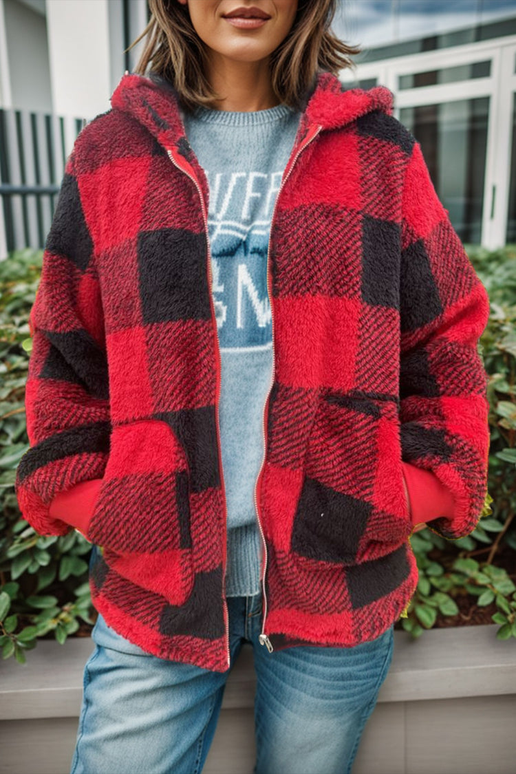 Double Take Full Size Plaid Long Sleeve Hooded Coat - MyEmpired