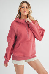 Aemi+Co Half Zip Raglan Sleeve Hoodie with Kangaroo Pocket - MyEmpired
