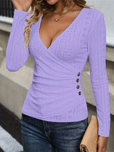 Surplice Neck Eyelet Skinny Top, Elegant Side Button Long Sleeve Top For Spring & Summer, Women&