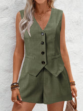 V-Neck Button Down Vest and Shorts Set - MyEmpired
