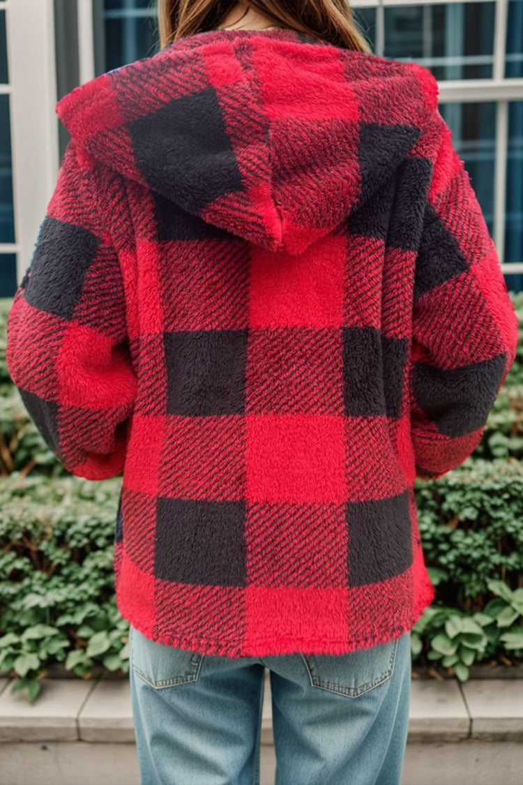 Double Take Full Size Plaid Long Sleeve Hooded Coat - MyEmpired