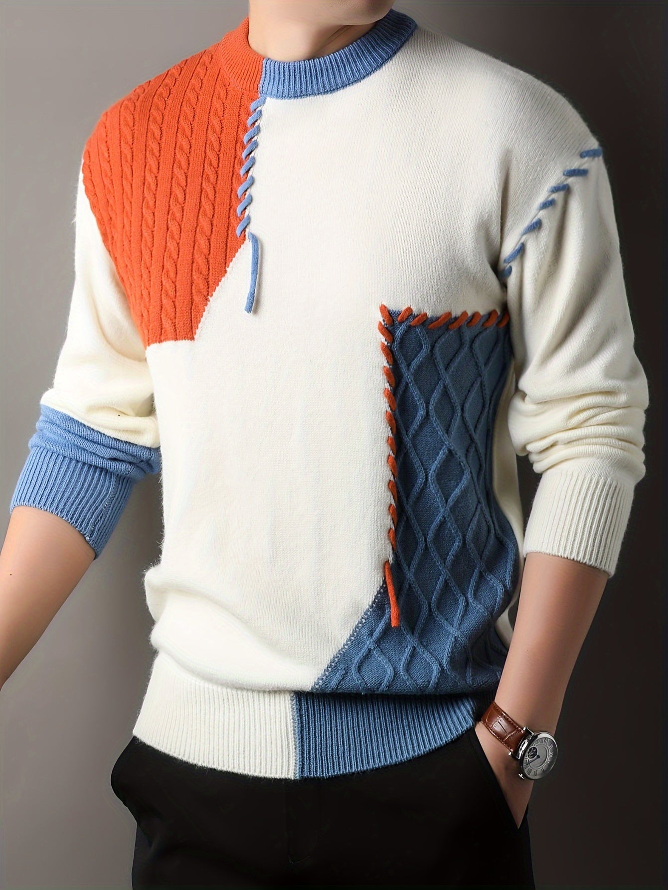 1pc Men'S Korean Style Crew Neck Sweater, Casual Striped Pattern, Rib-Knit, Slight Stretch, Loose Fit, Acrylic Knit Fabric, Thick Warm Patchwork Pullover for Fall/Winter - Fashionable Color Block Base Layer Top [12422]