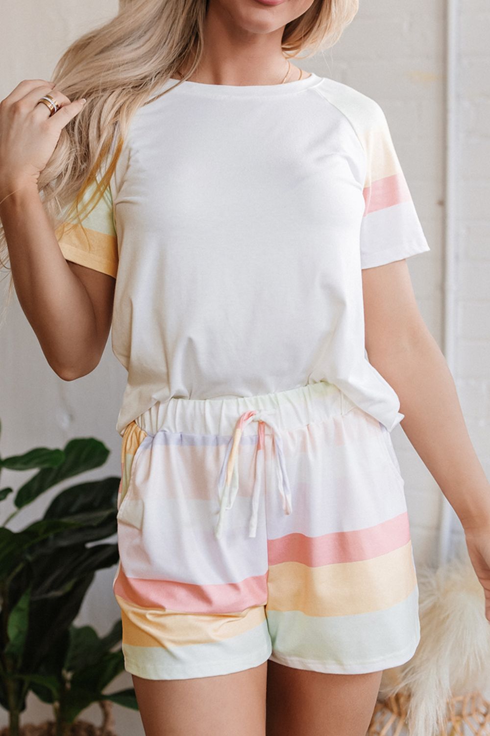 Rainbow Striped Round Neck T Shirt and Shorts Lounge Set - MyEmpired