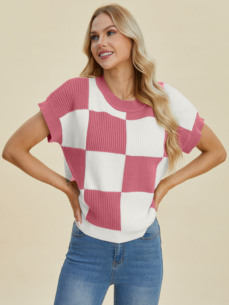Double Take Full Size Checkered Round Neck Short Sleeve Sweater - MyEmpired