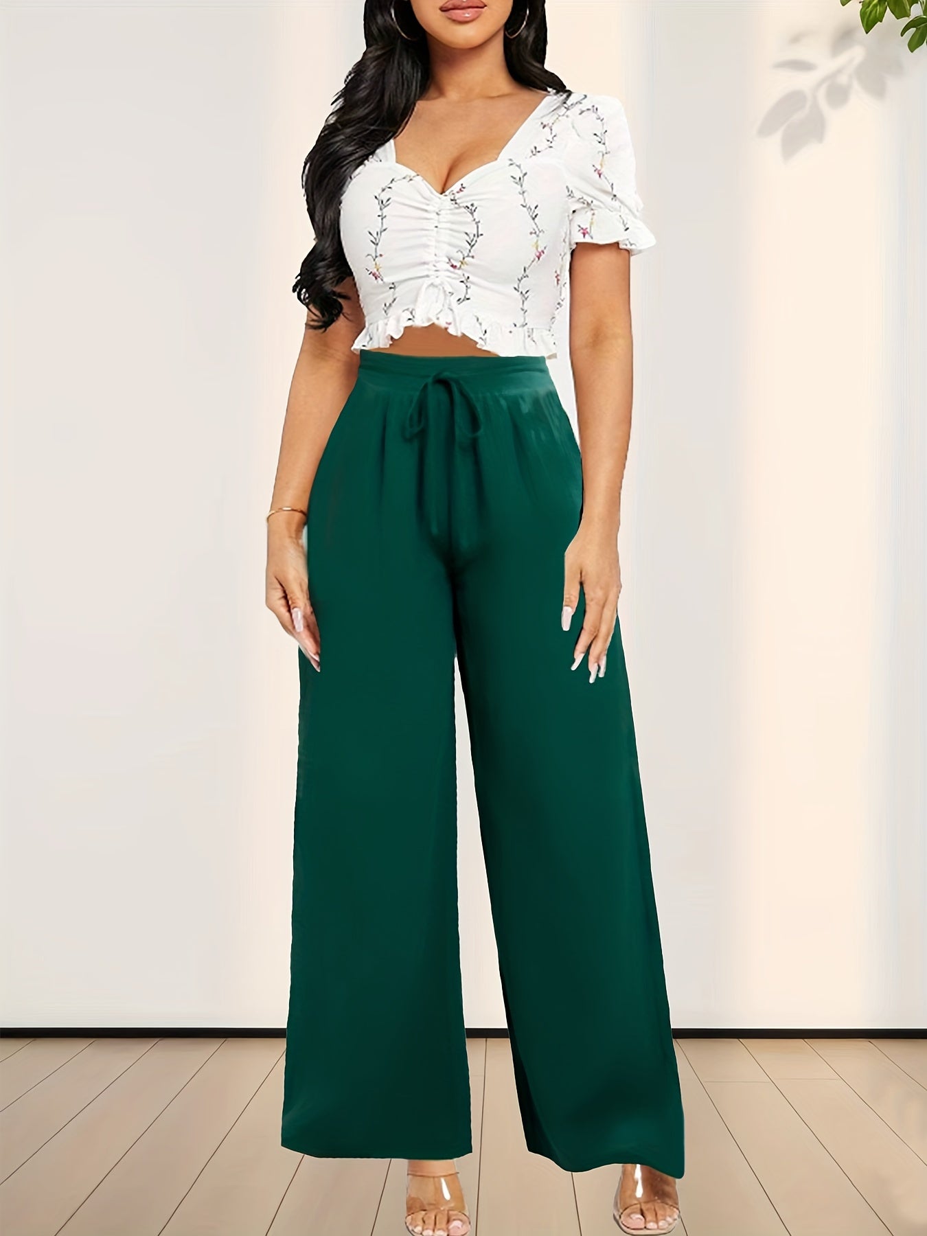 Solid Color Wide Leg Pants, Casual High Drawstring Waist Loose Pants For Spring & Summer, Women's Clothing