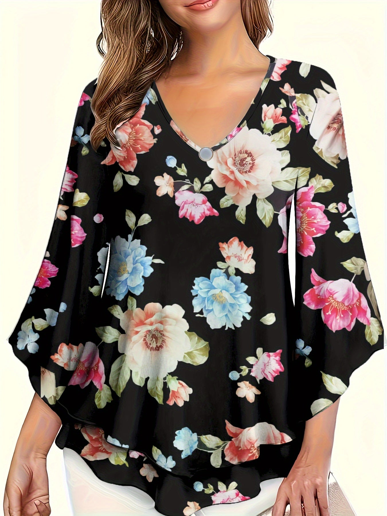 Solid Color V-neck Blouse, Casual Flare Sleeve Layered Hem Top For Spring & Fall, Women&