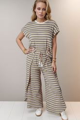 Striped Round Neck Short Sleeve Top and Pants Set - MyEmpired
