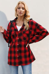 Double Take Drawstring Plaid Long Sleeve Hooded Shacket - MyEmpired