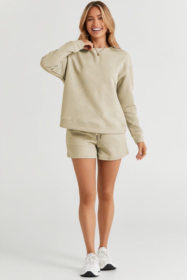 Double Take Full Size Texture Long Sleeve Top and Drawstring Shorts Set - MyEmpired